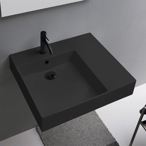 Black Ceramic Wall Mounted or Vessel Sink With Counter Space Scarabeo 5147-49